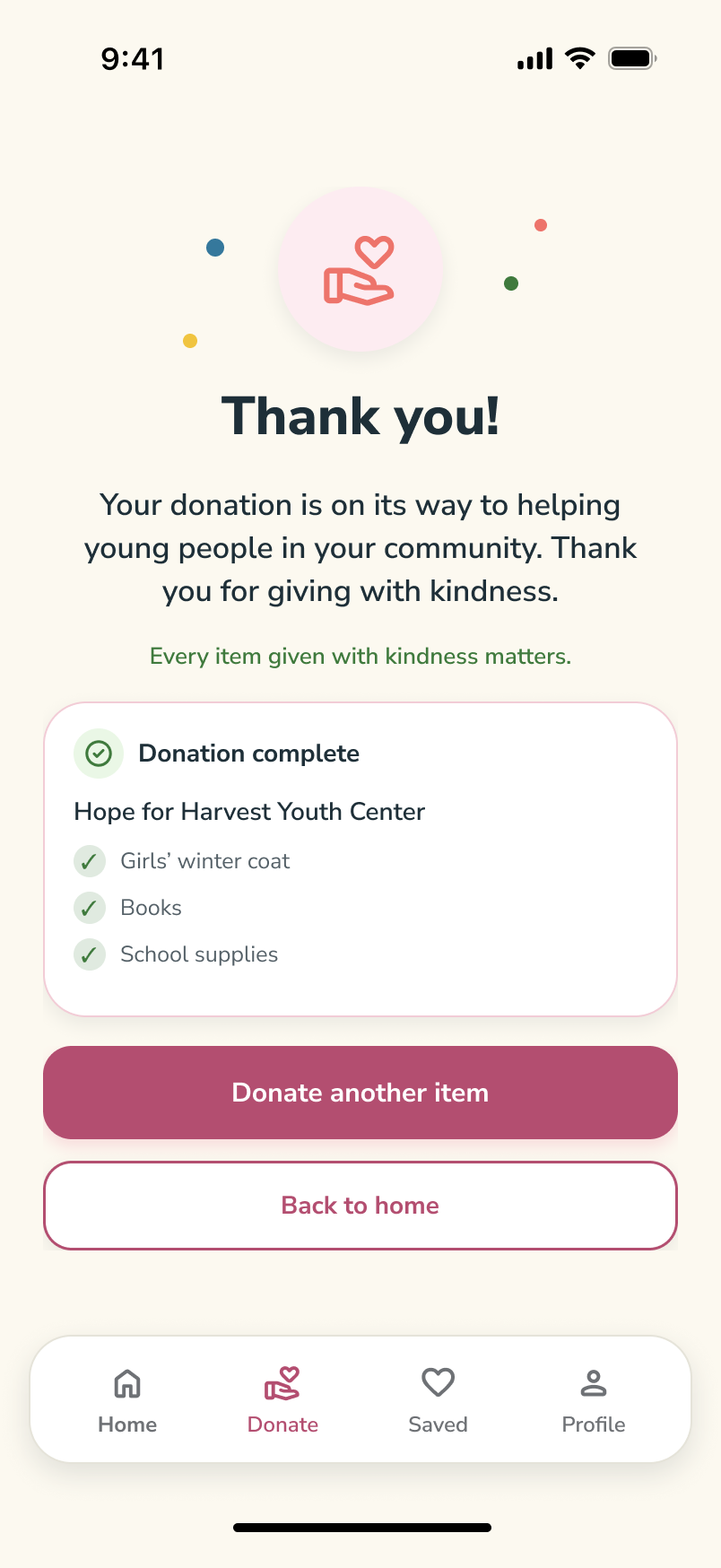 GiveKind original Figma screen: Donation confirmation and thank you
