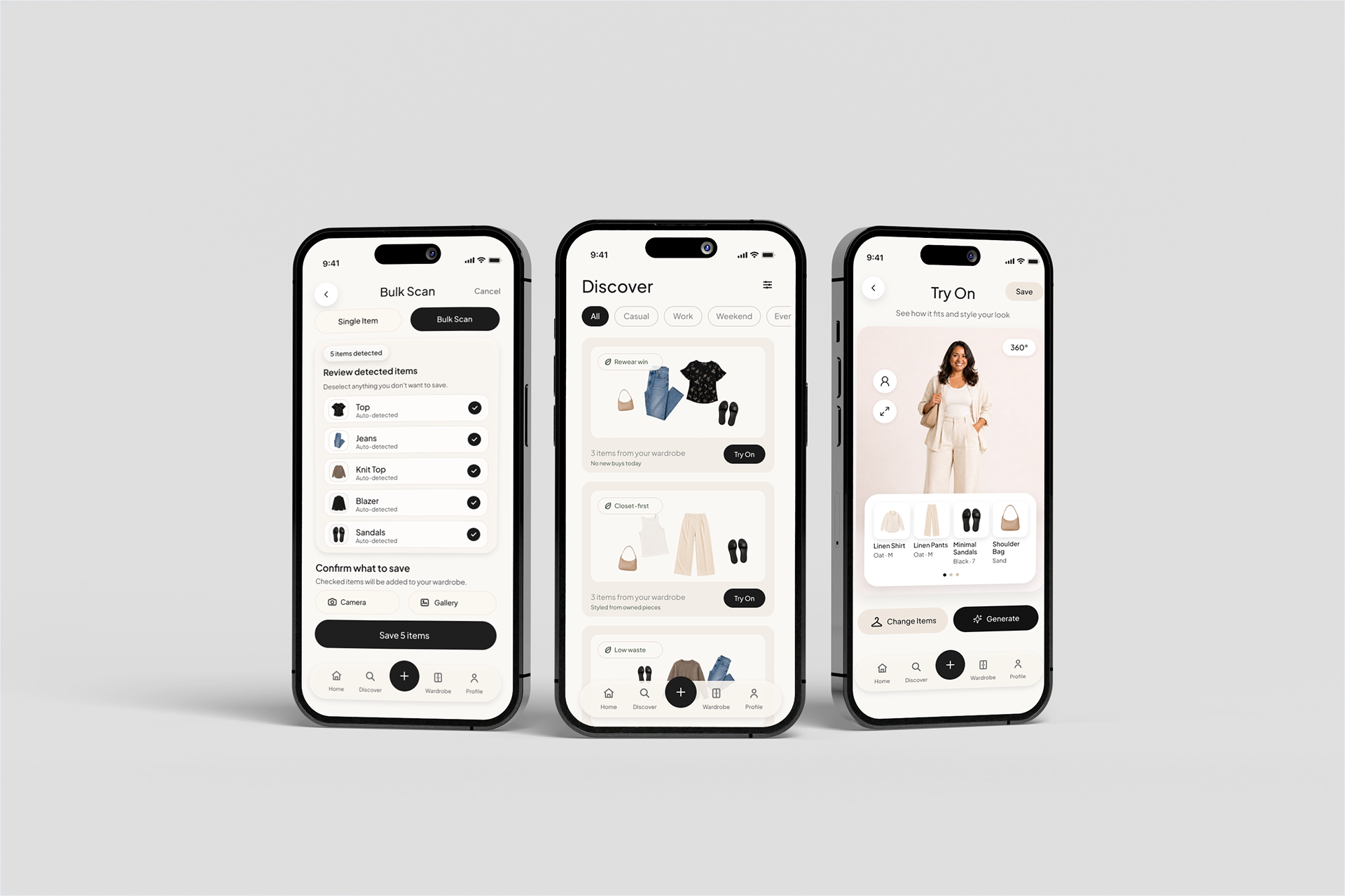 Three WornWell screens on device mockups: Bulk Scan, Discover, and Try On