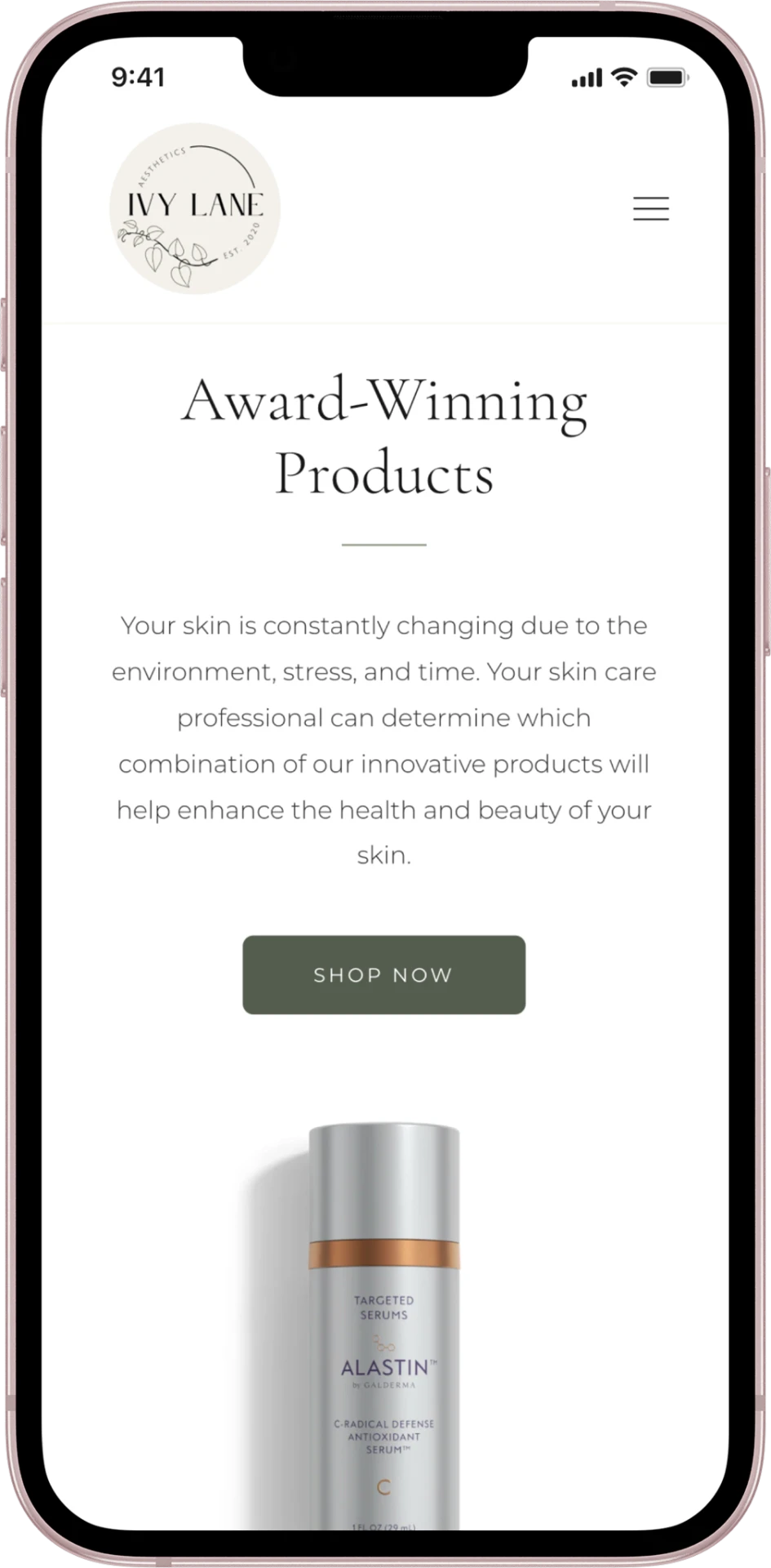 Shop · Award-Winning Products mobile screen