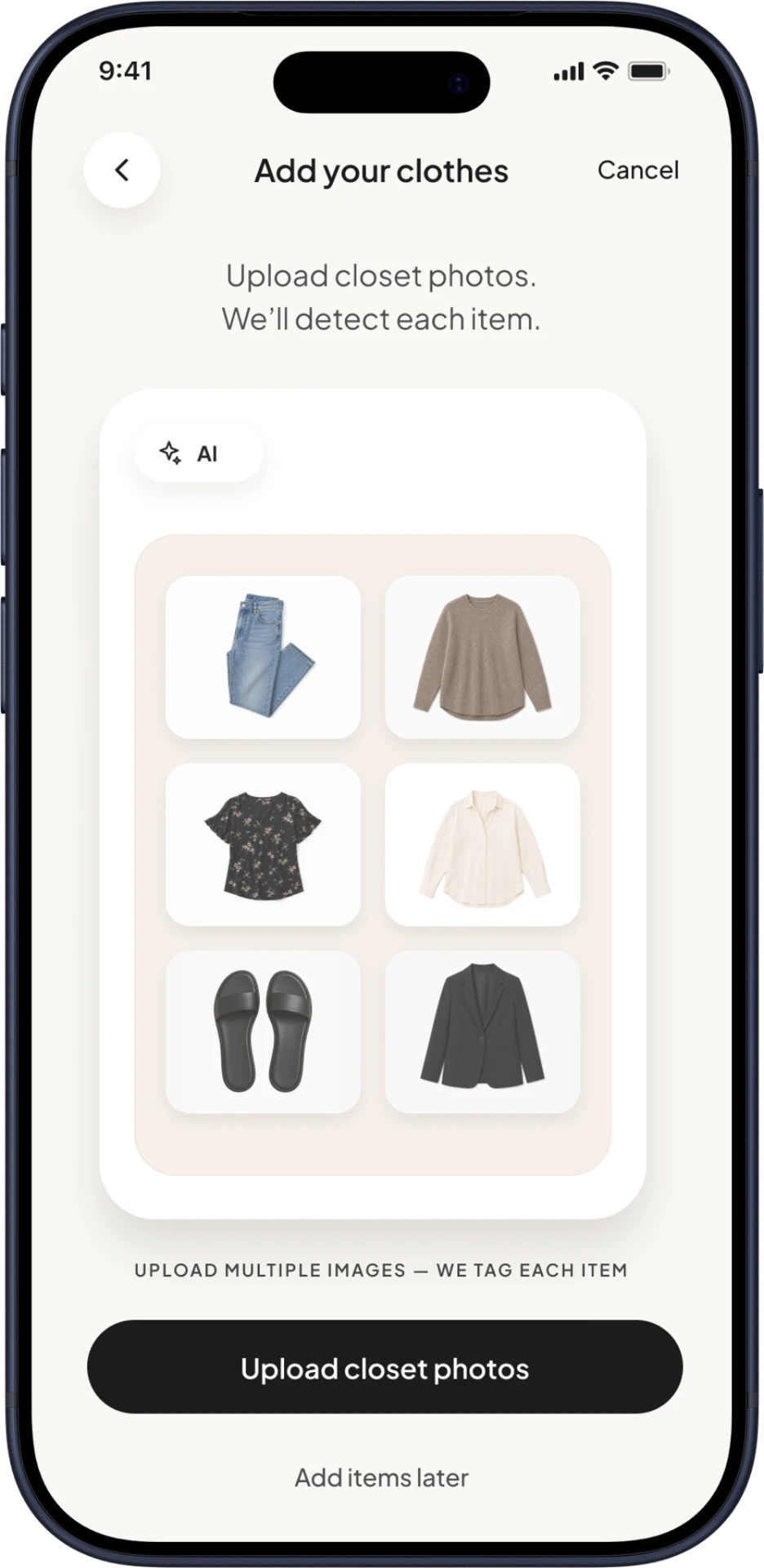 ADD YOUR CLOTHES screen mockup