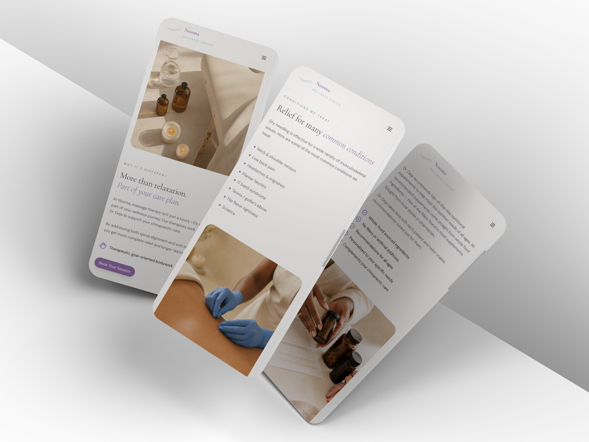 Nooma mobile screens showing massage therapy, conditions treated, and nutritional supplements