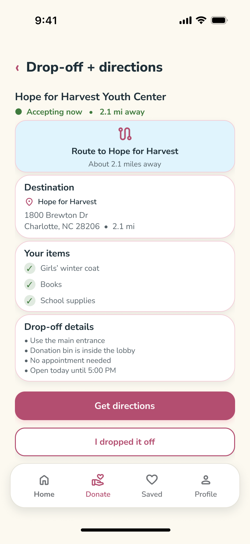 GiveKind original Figma screen: Drop-off and directions