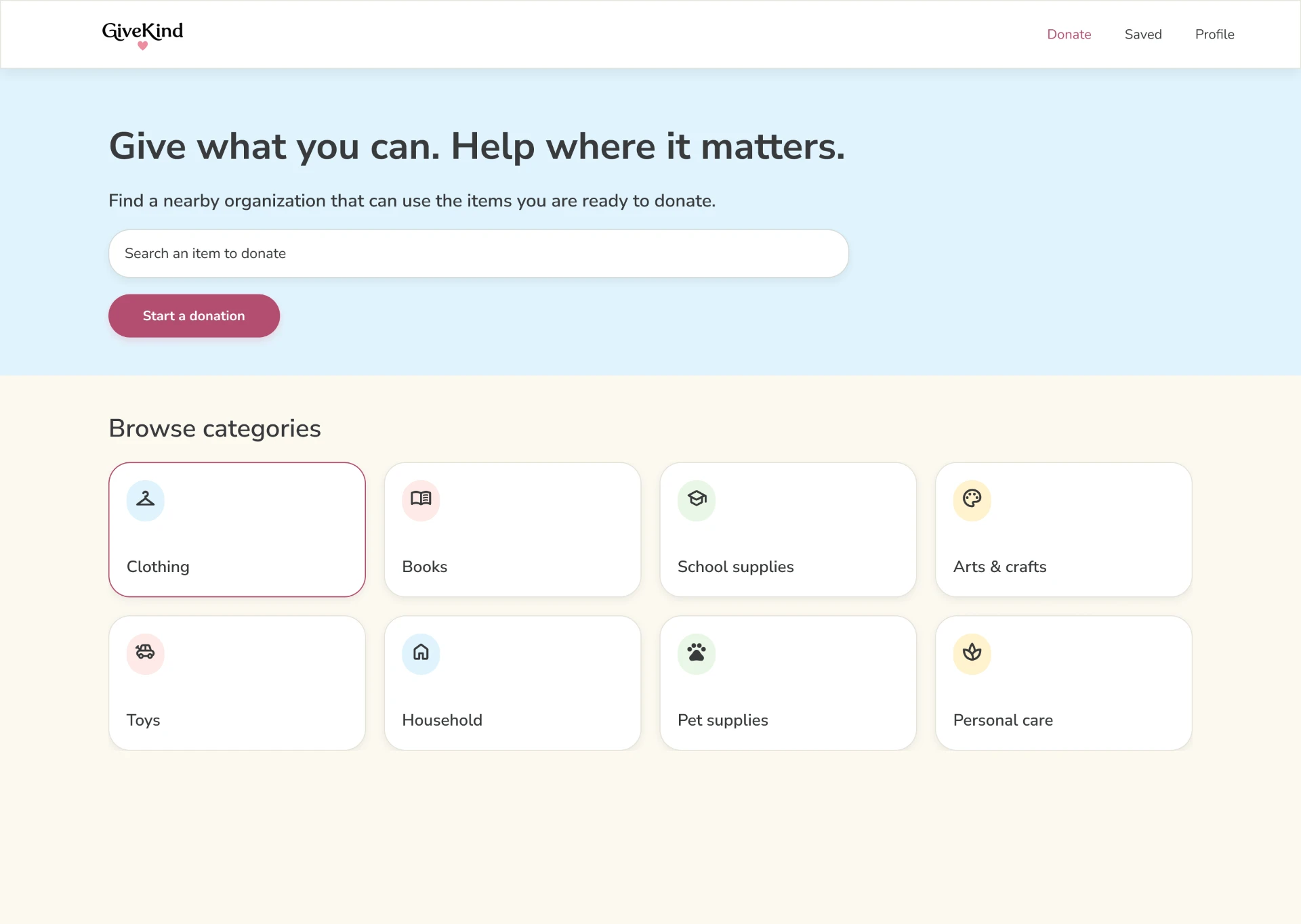 GiveKind original desktop design: Home and donation categories