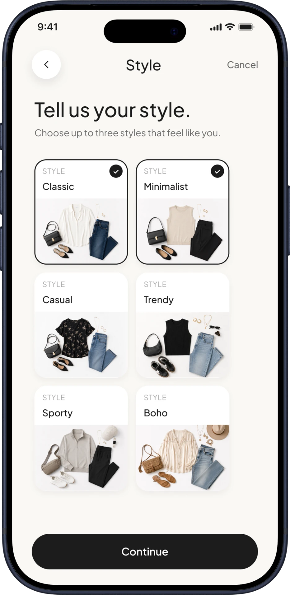 STYLE PREFERENCES screen mockup