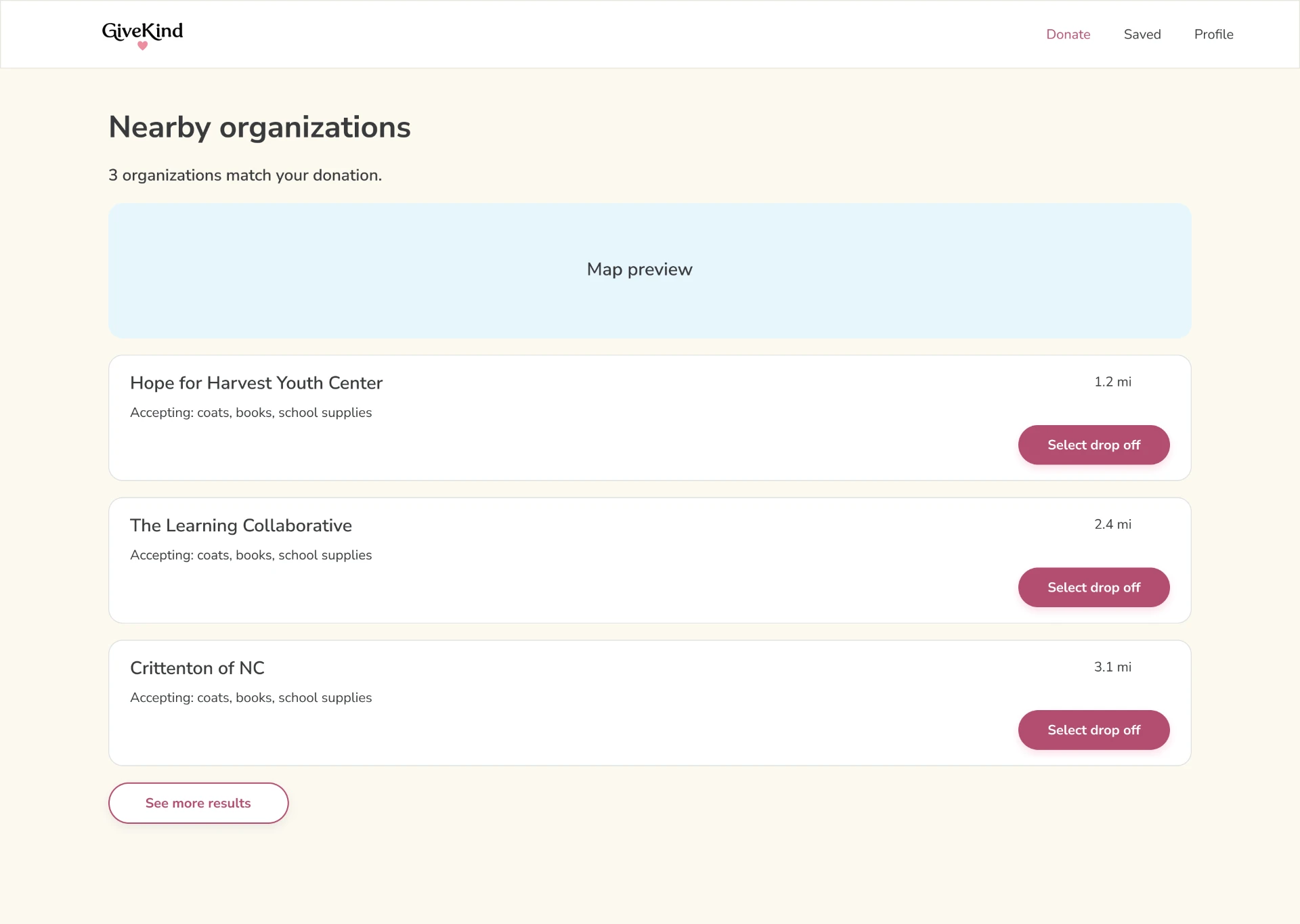 GiveKind original desktop design: Nearby organizations
