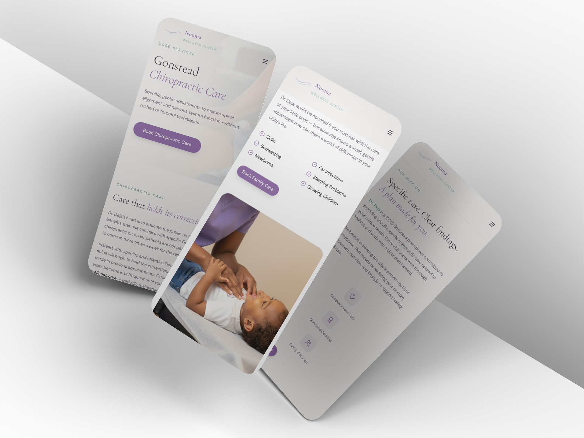 Nooma phone screens showing services, family care, and mission