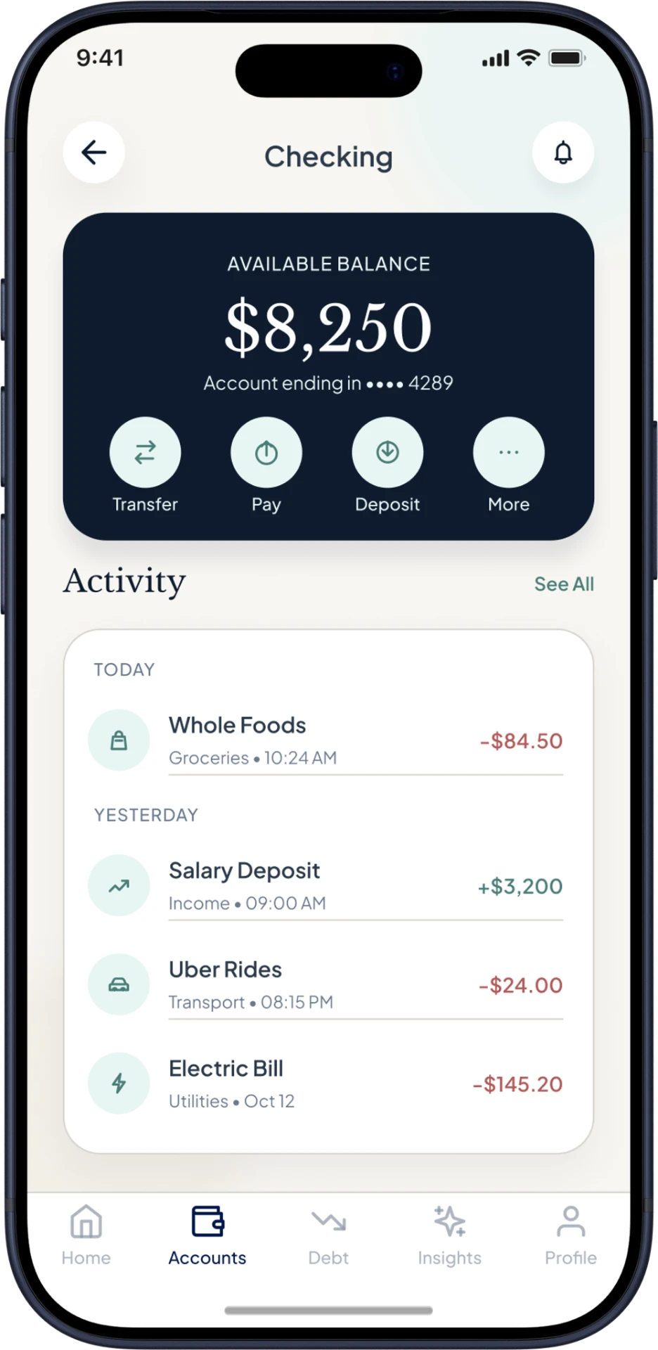 Clarity checking account screen