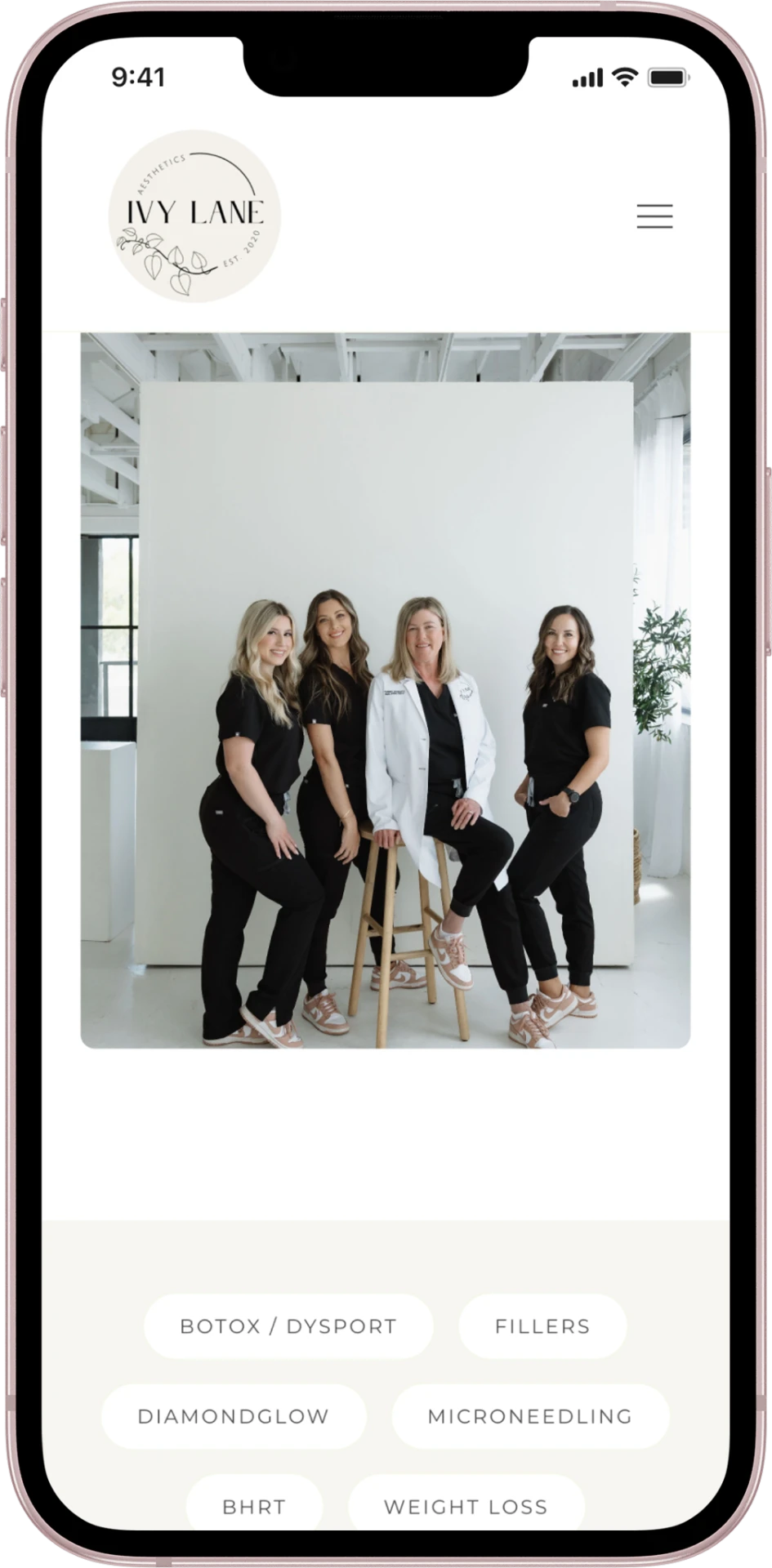 Team + Treatment Menu mobile screen