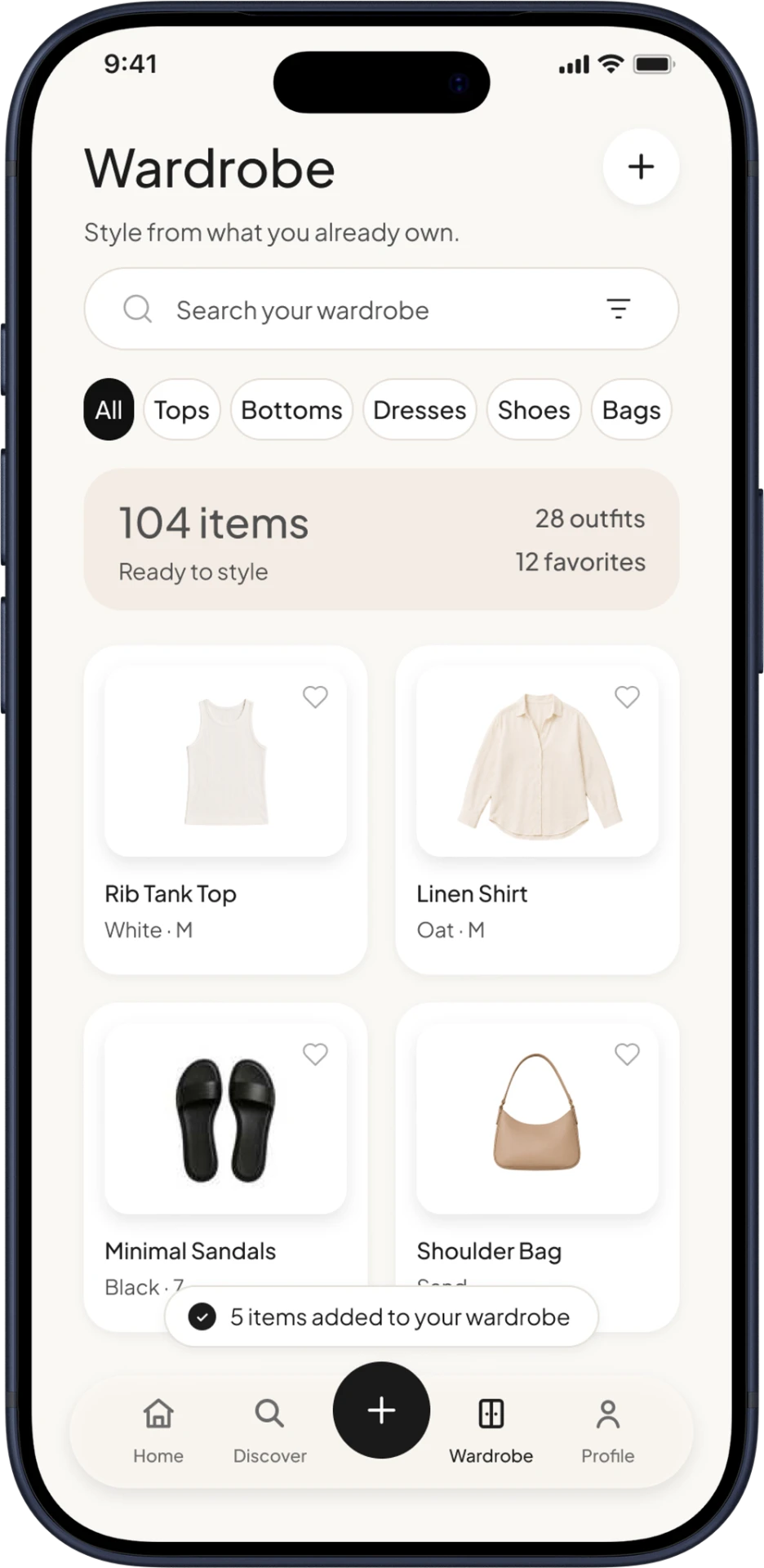 WARDROBE screen mockup