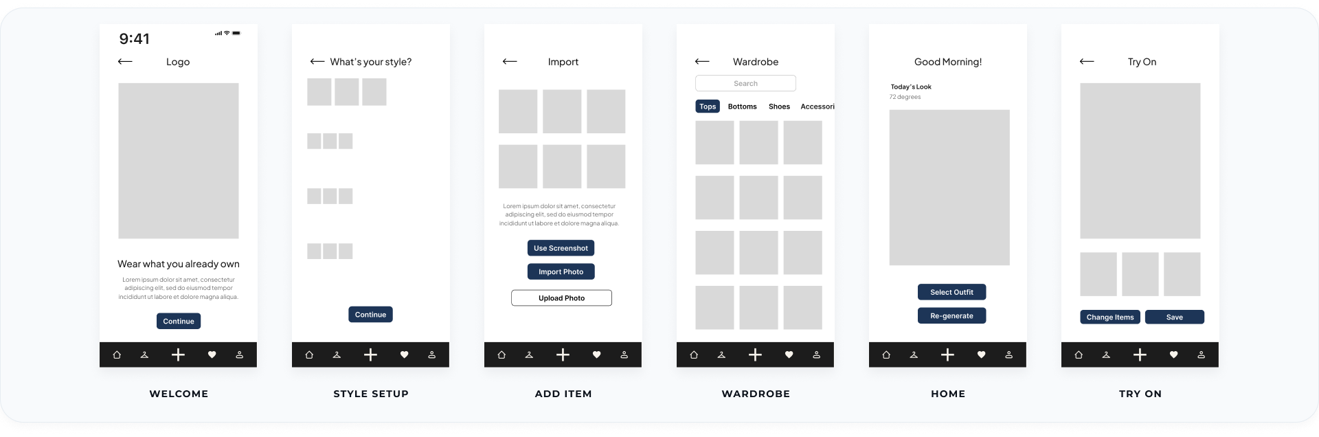 Lo-fi wireframe gallery: welcome, style setup, add item, wardrobe, home, and try on screens