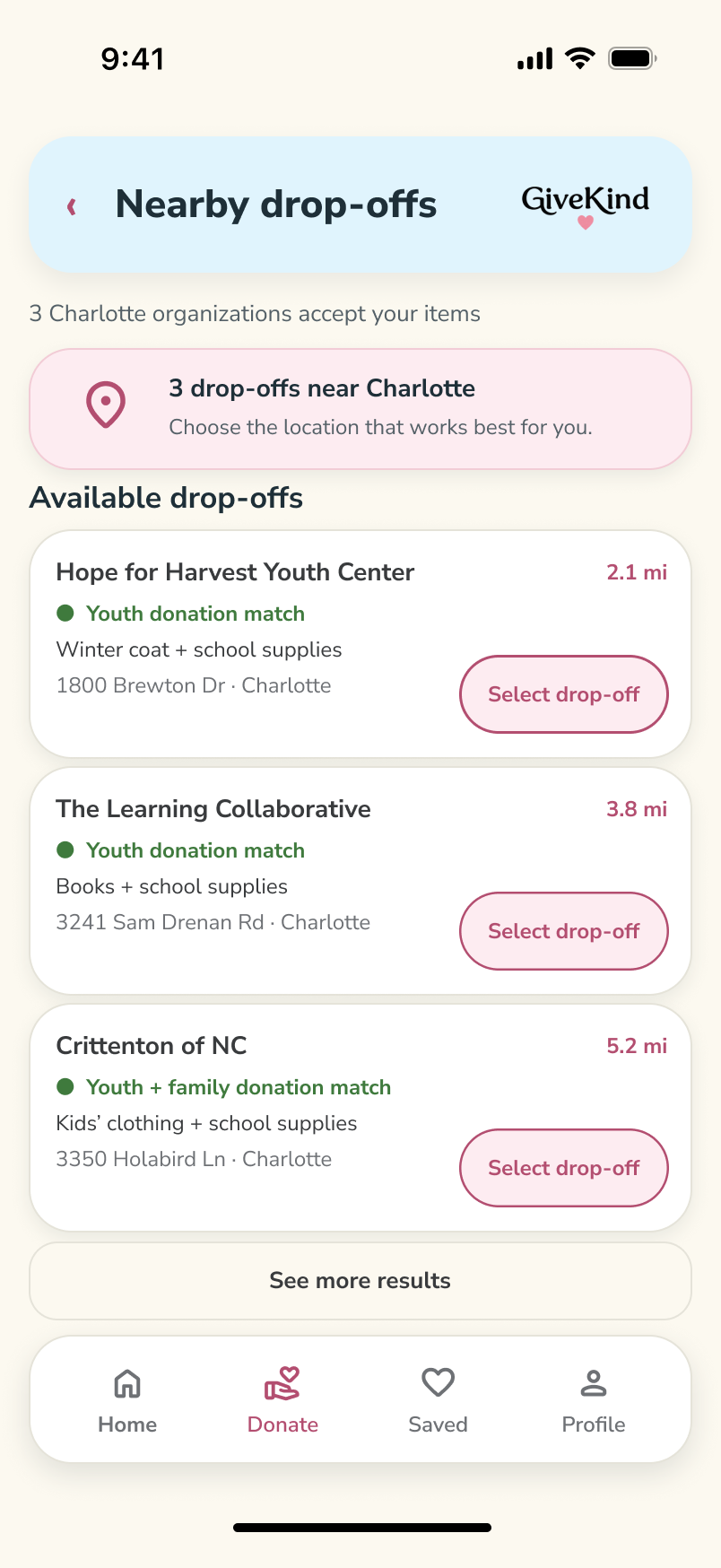 GiveKind original Figma screen: Nearby drop-offs