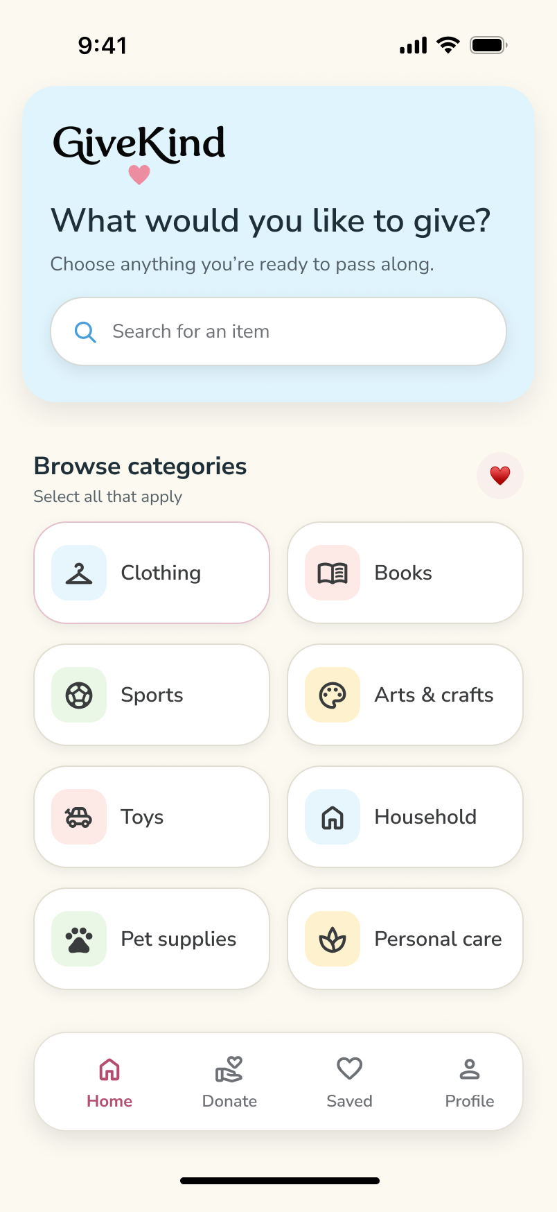 GiveKind original Figma screen: Home and donation categories