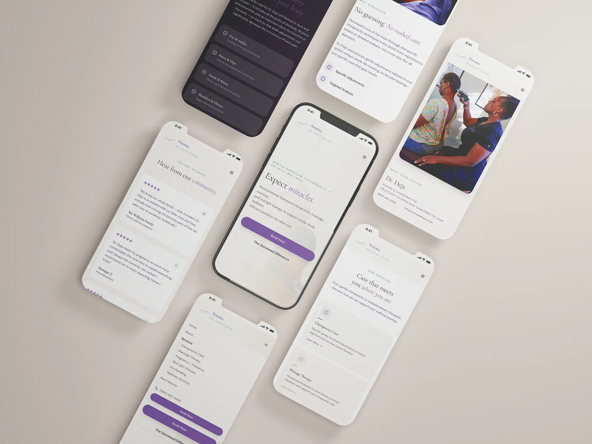 Full-width composition of Nooma Wellness mobile screens