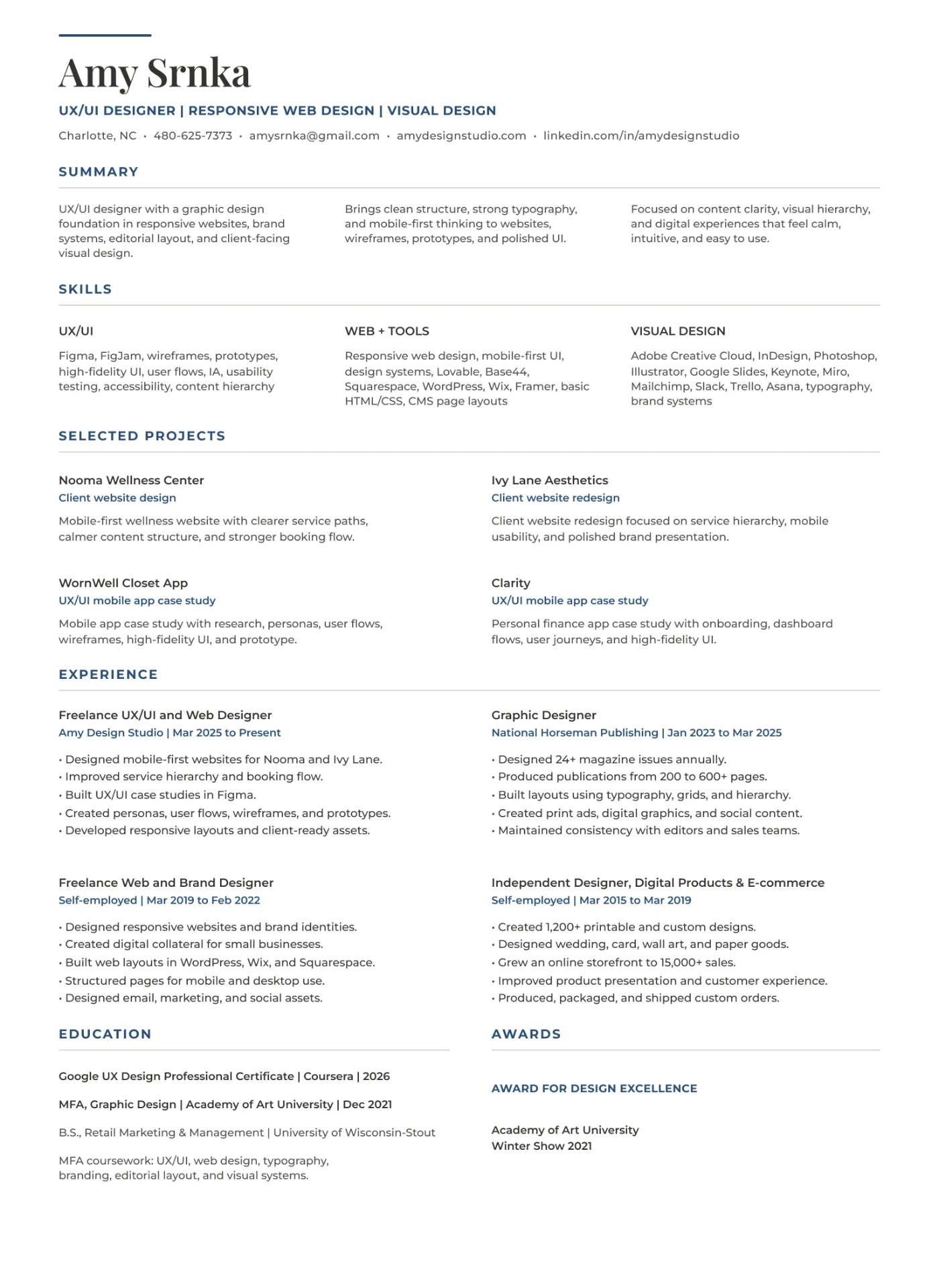 Amy Srnka resume — UX/UI designer, responsive web design, visual design