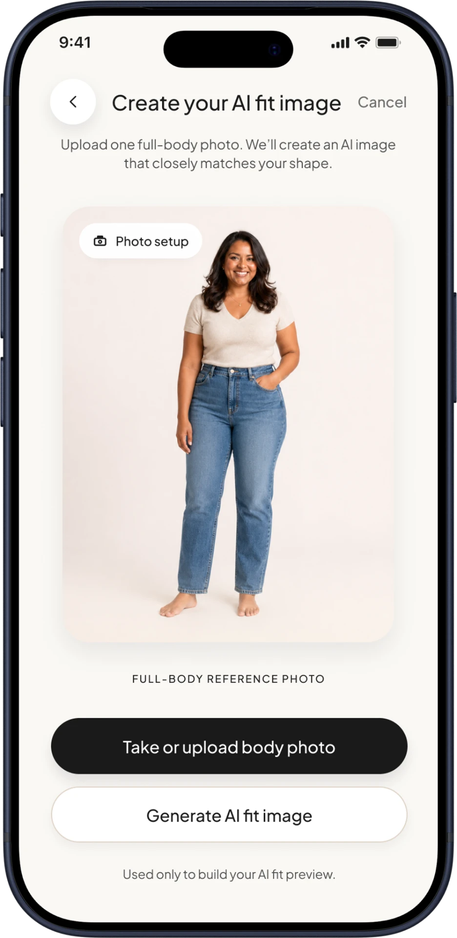 AVATAR FIT SETUP screen mockup