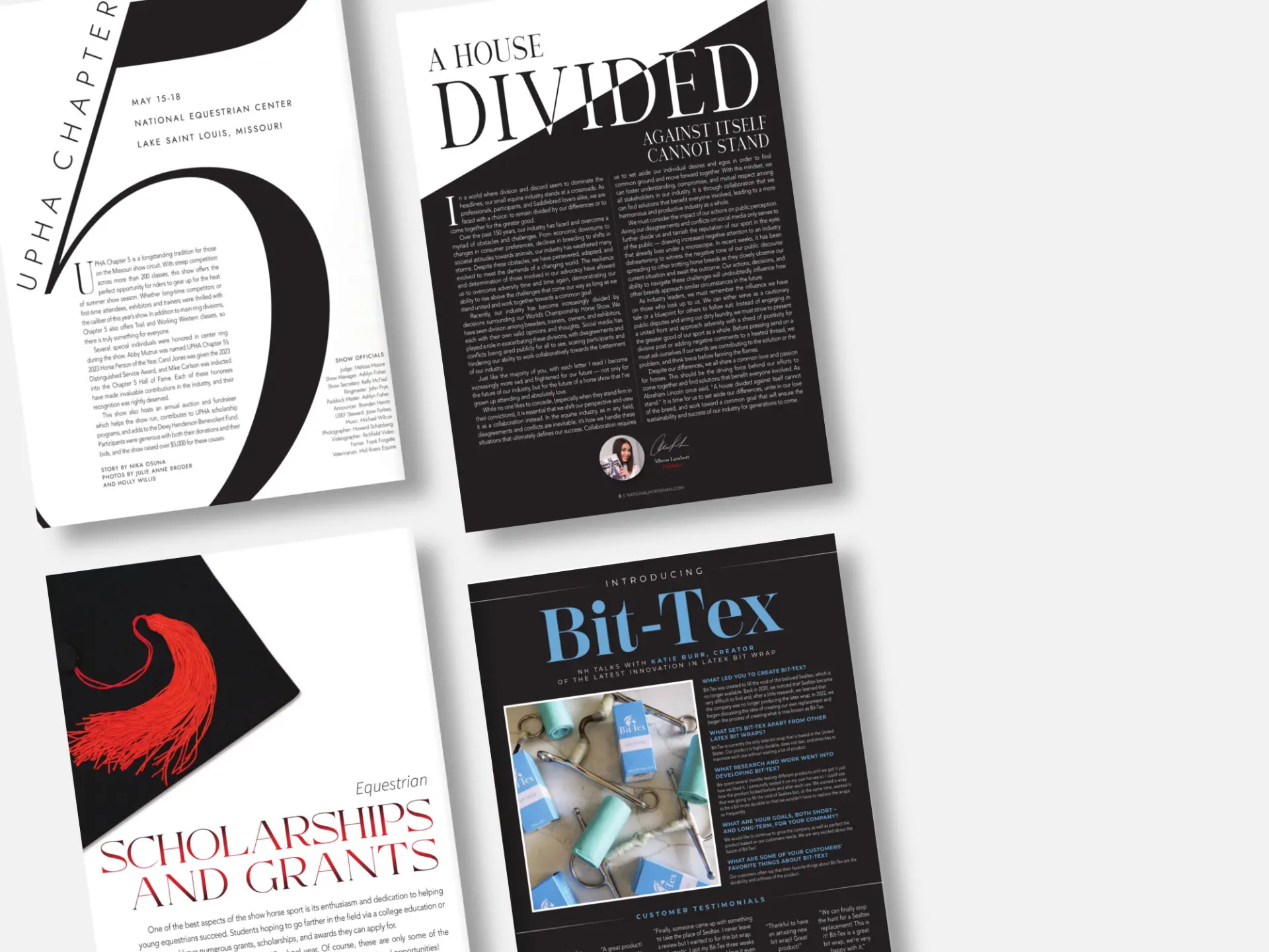Four magazine editorial pages: UPHA Chapter 5 feature, A House Divided column, Scholarships and Grants article, and Bit-Tex interview