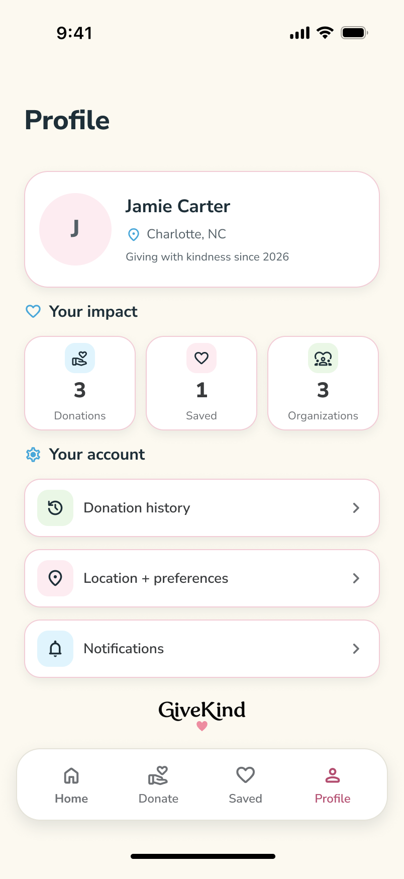 GiveKind original Figma screen: Profile and donation impact