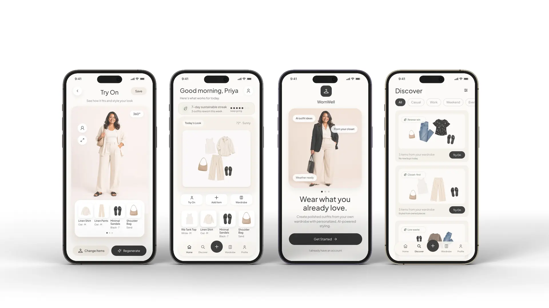 WornWell app on four iPhone mockups