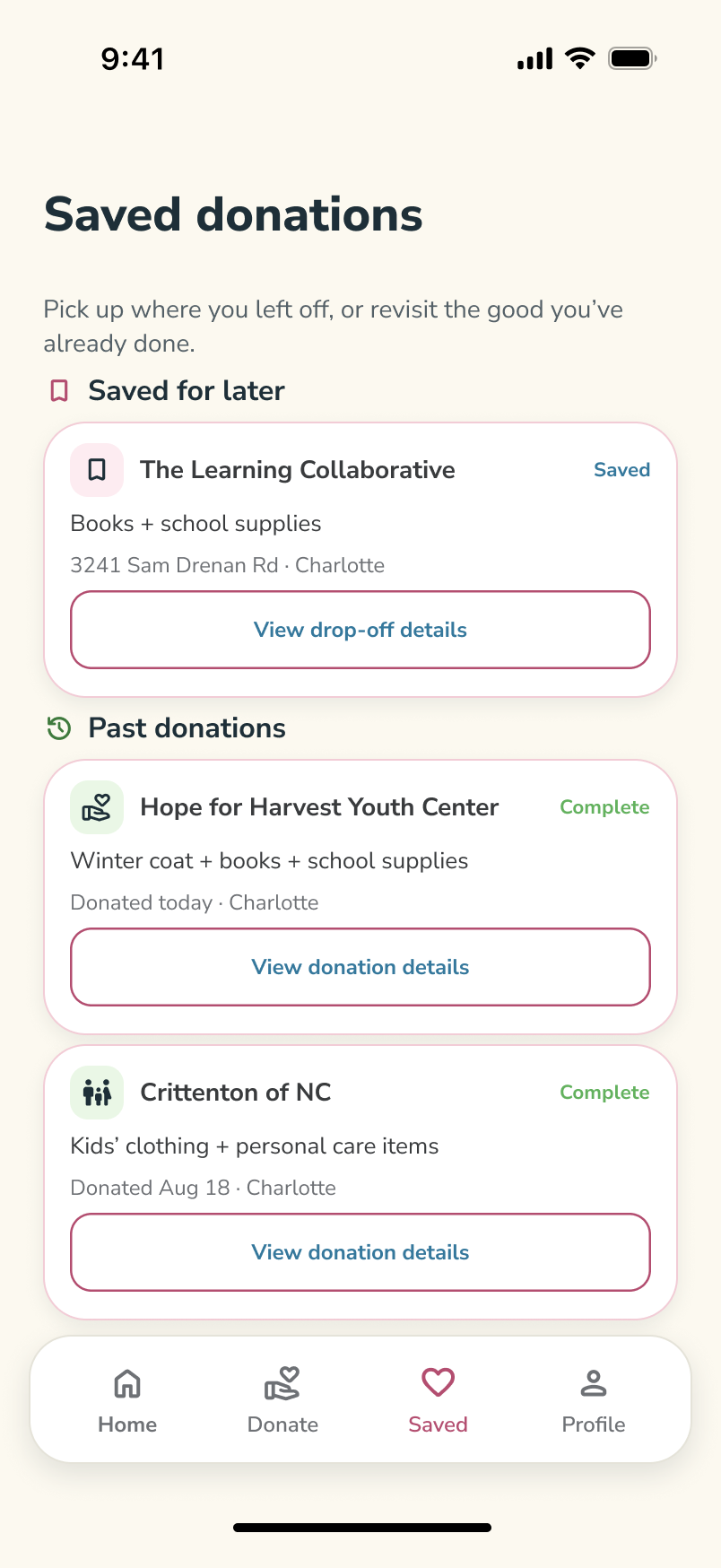GiveKind original Figma screen: Saved donations