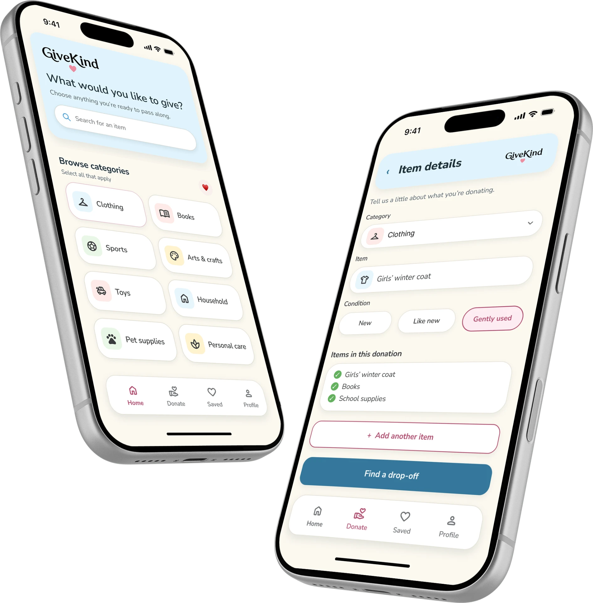 GiveKind donation platform category browsing and item details shown on two iPhones