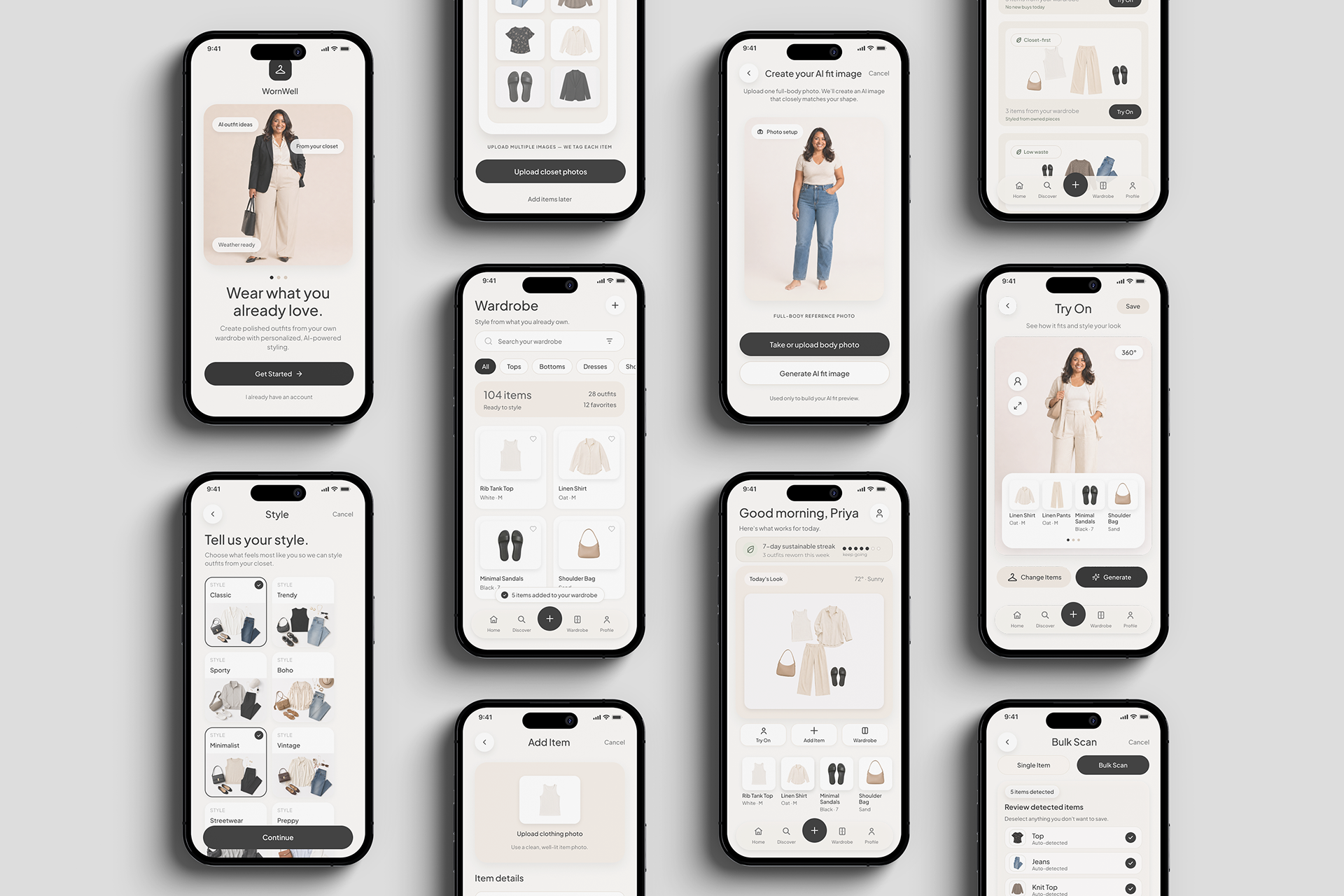 Grid of WornWell app screens shown on angled phone mockups