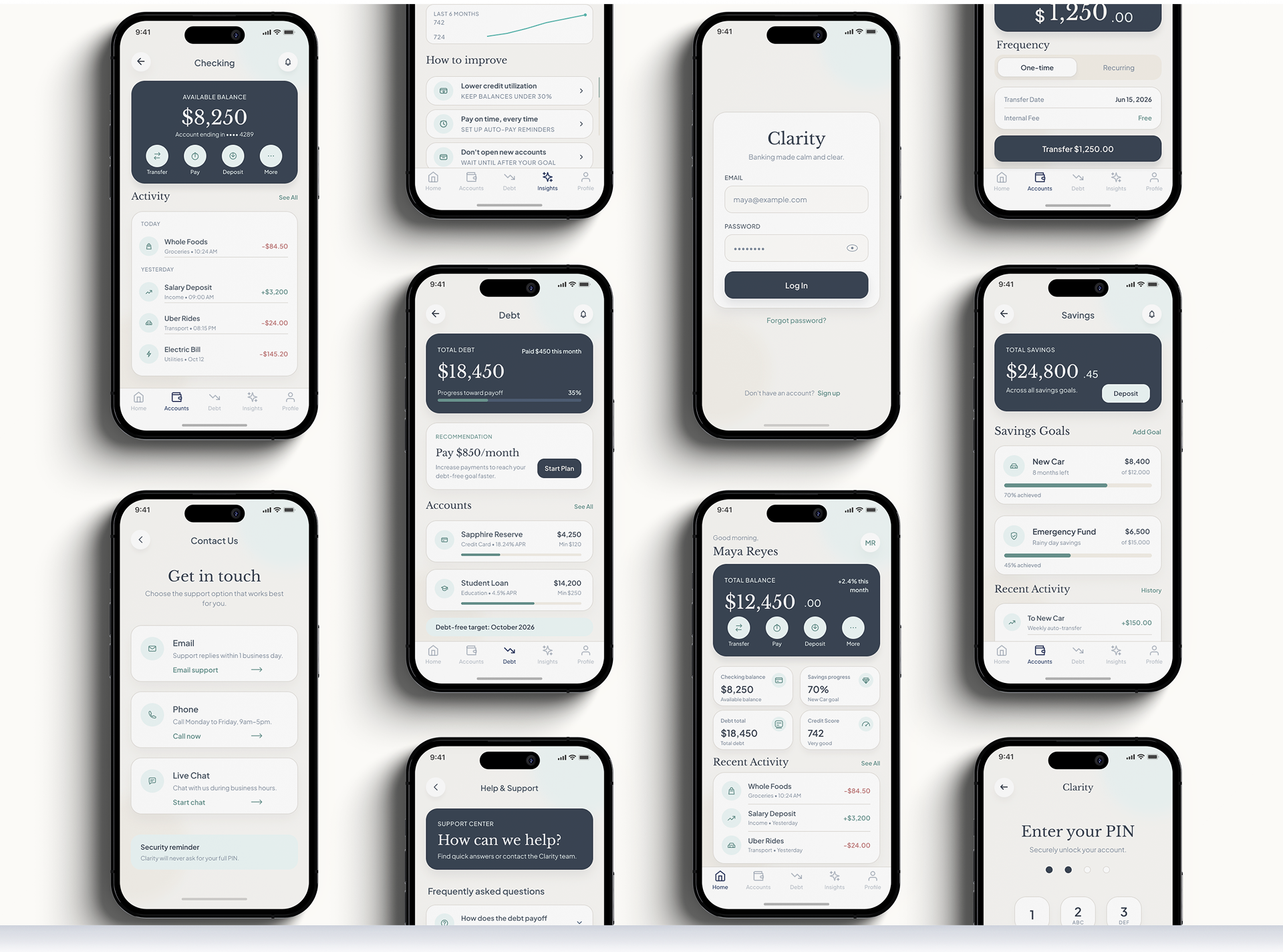 Collage of Clarity app screens including checking, debt, savings, login, and support