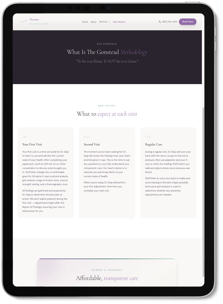 Nooma Gonstead methodology and visit expectations shown on iPad