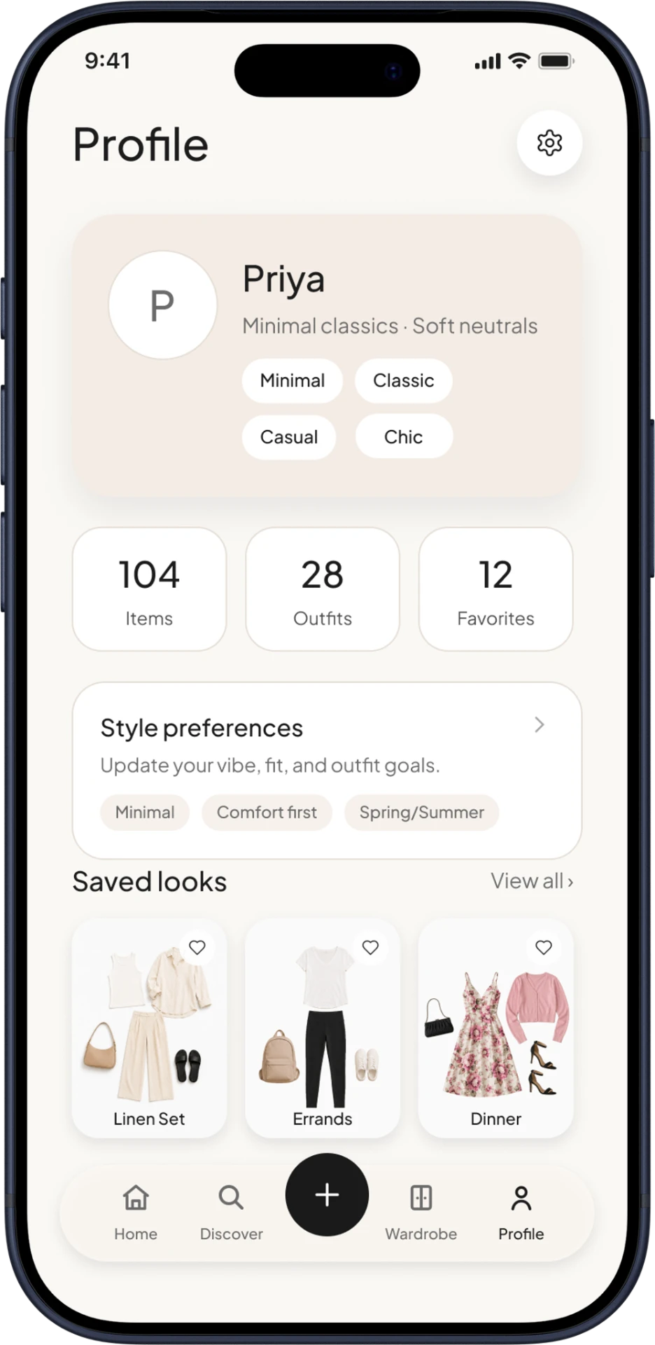 PROFILE / SAVED LOOKS screen mockup