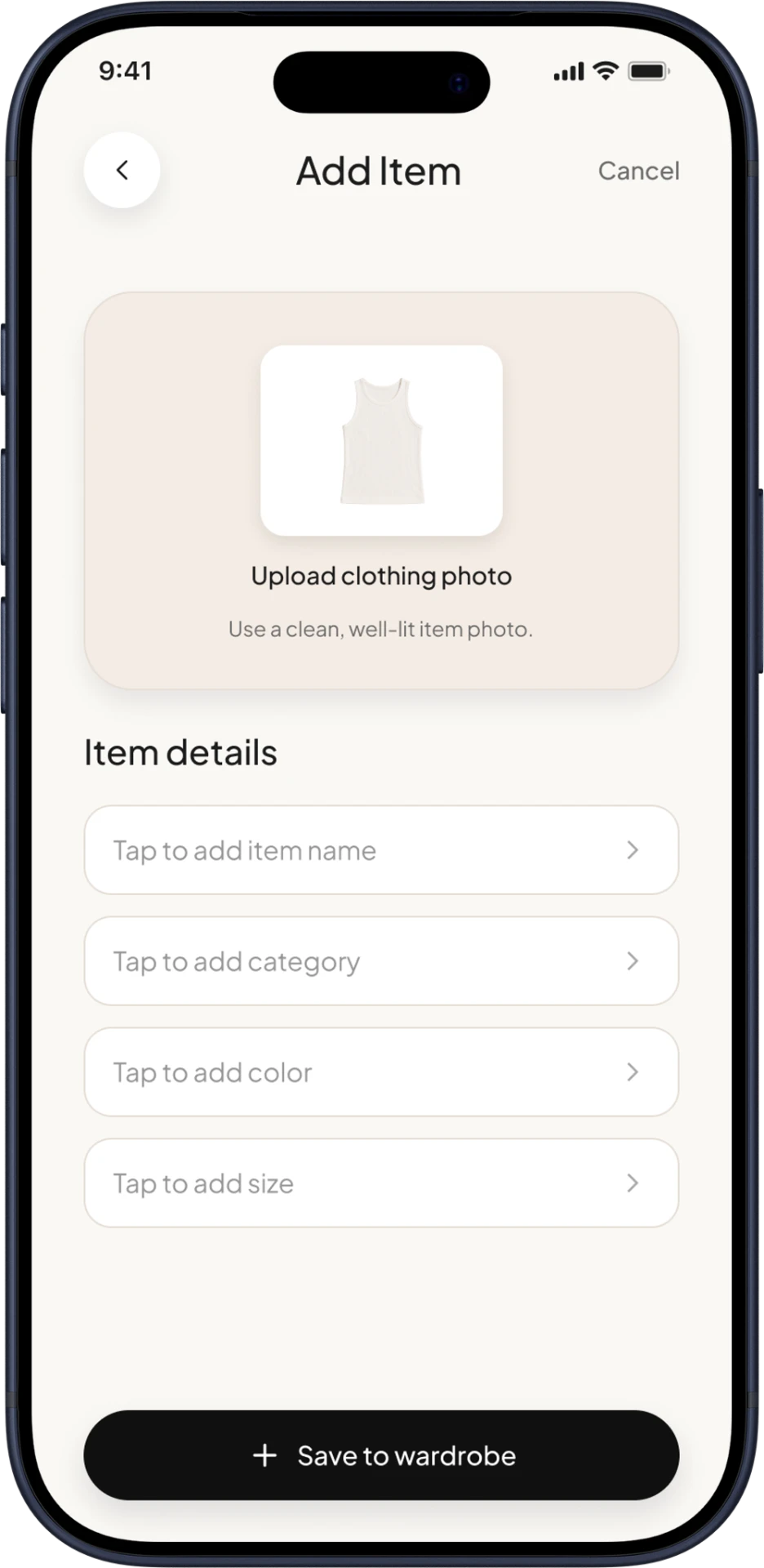 MANUAL ADD ITEM screen mockup