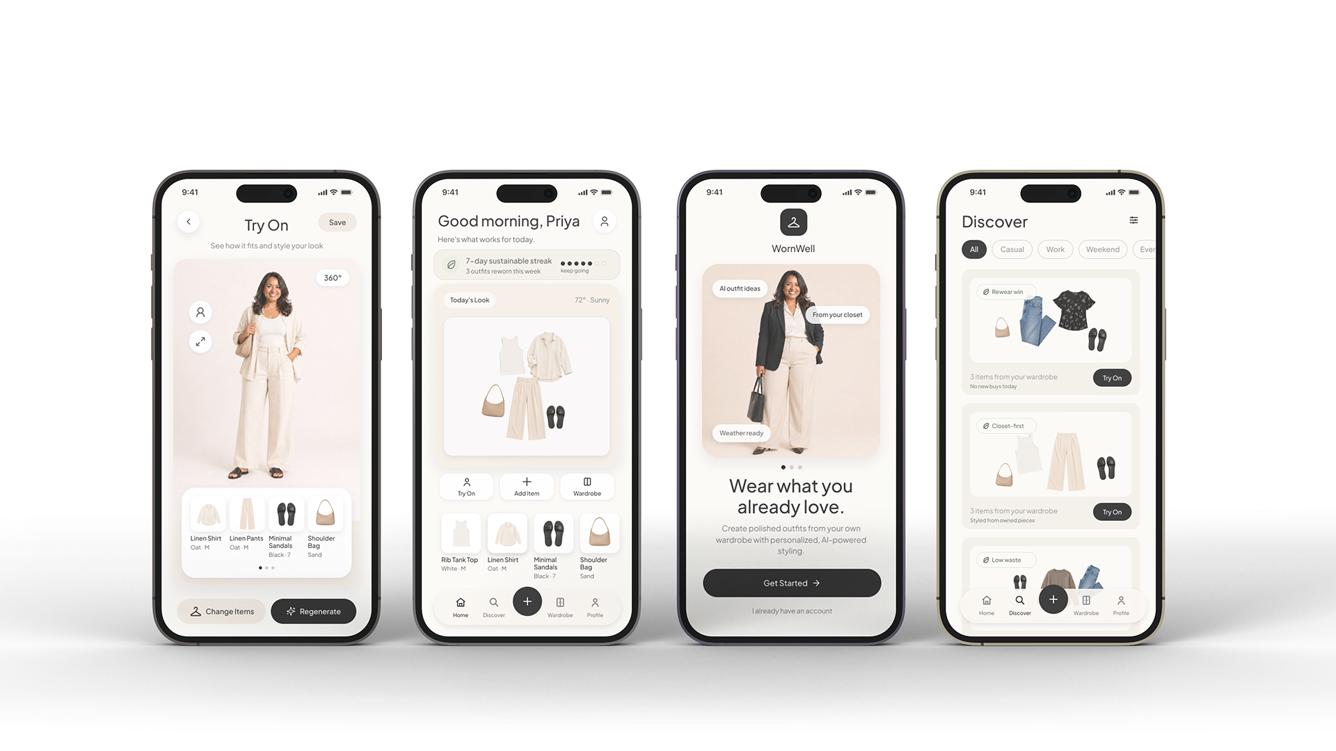 Four WornWell screens: Try On, daily dashboard, welcome, and Discover