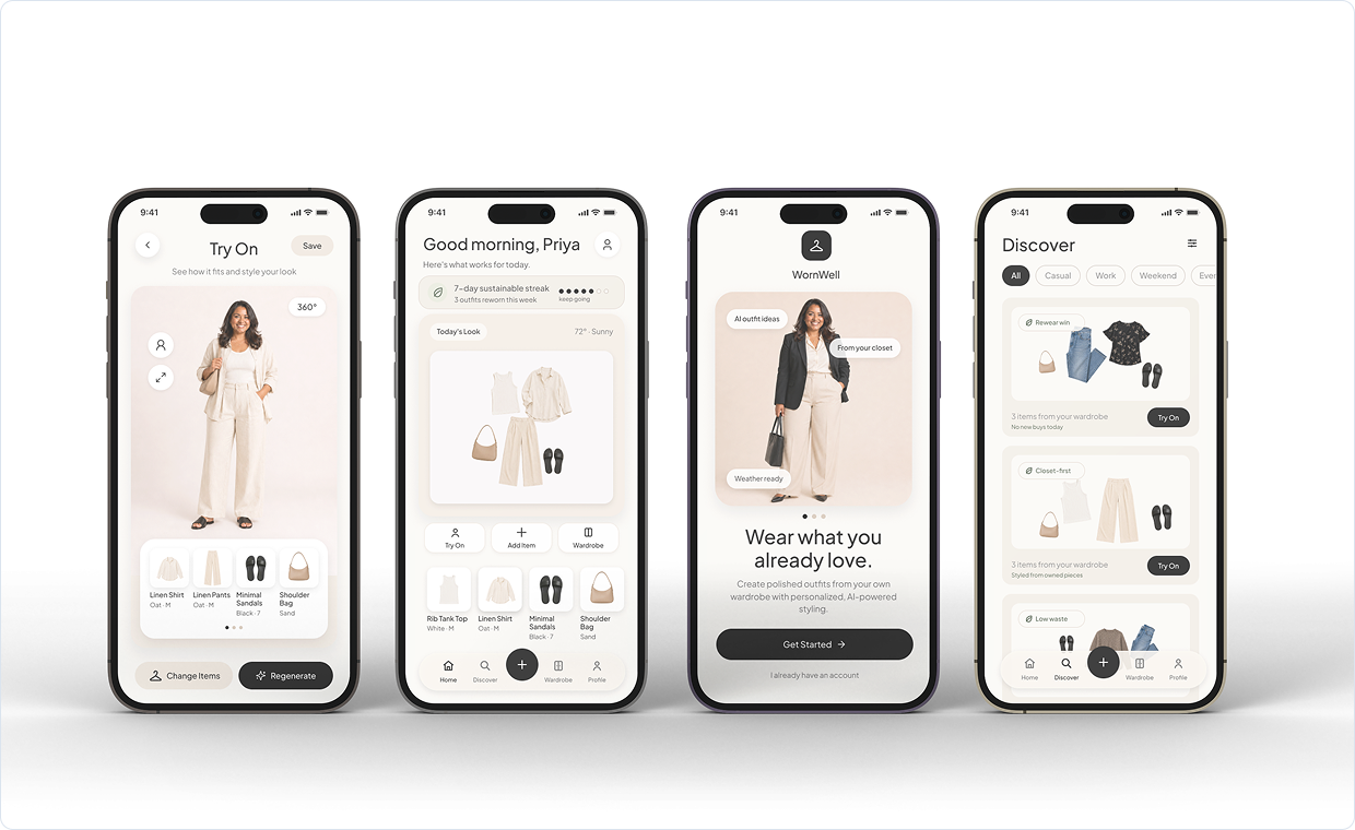 WornWell mobile app screens