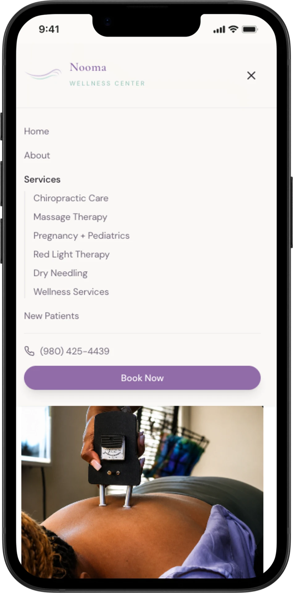 Nooma services navigation shown on a mobile phone
