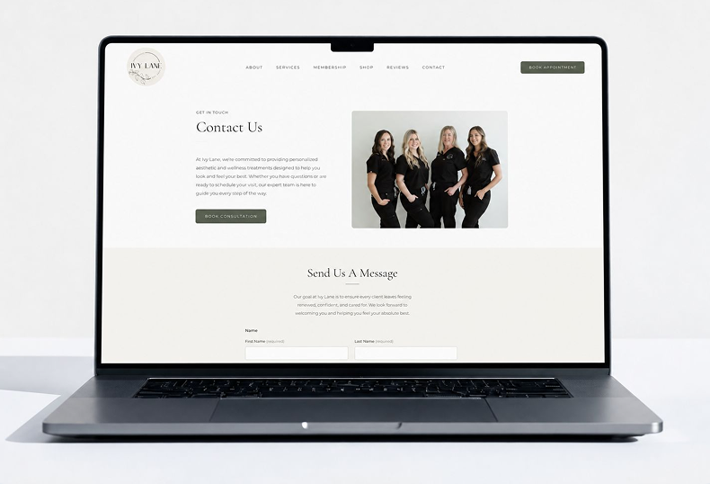 Contact + Booking — Ivy Lane website mockup